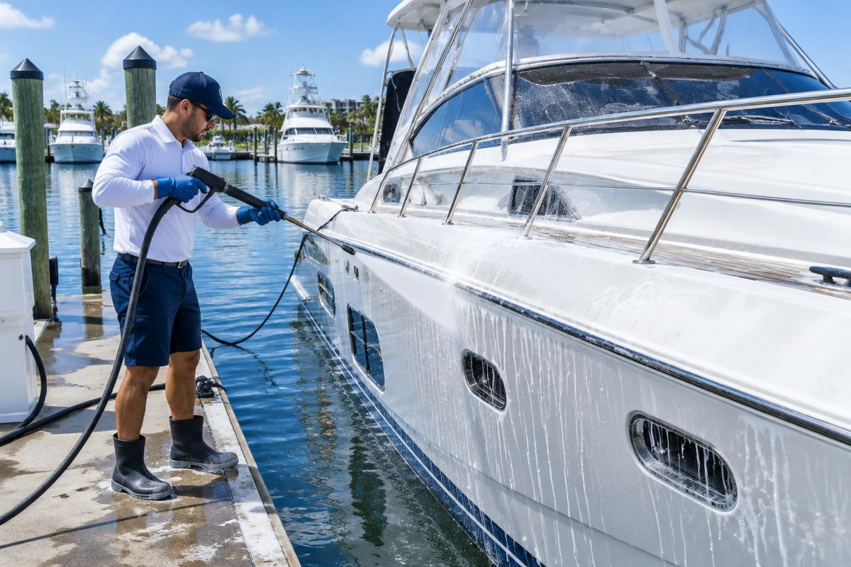 Pressure washing the hull and deck of a boat at a marina dock