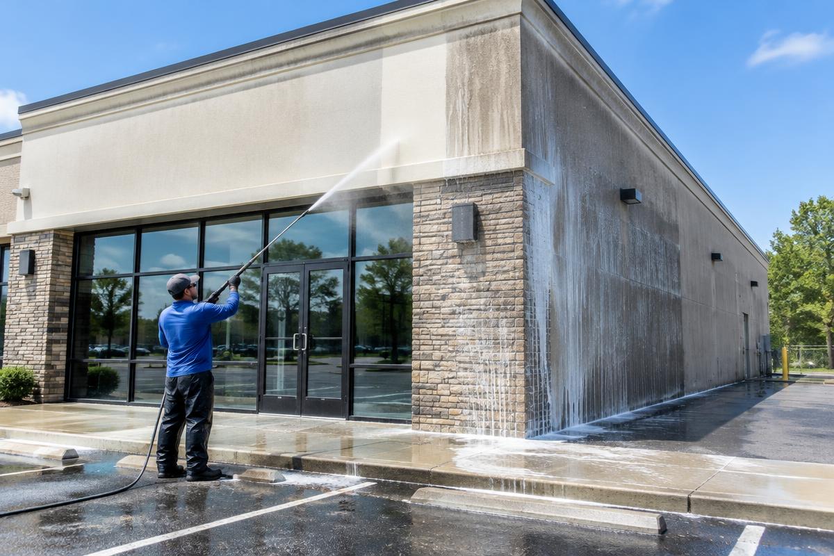 Pressure washing the storefront and exterior wall of a commercial building