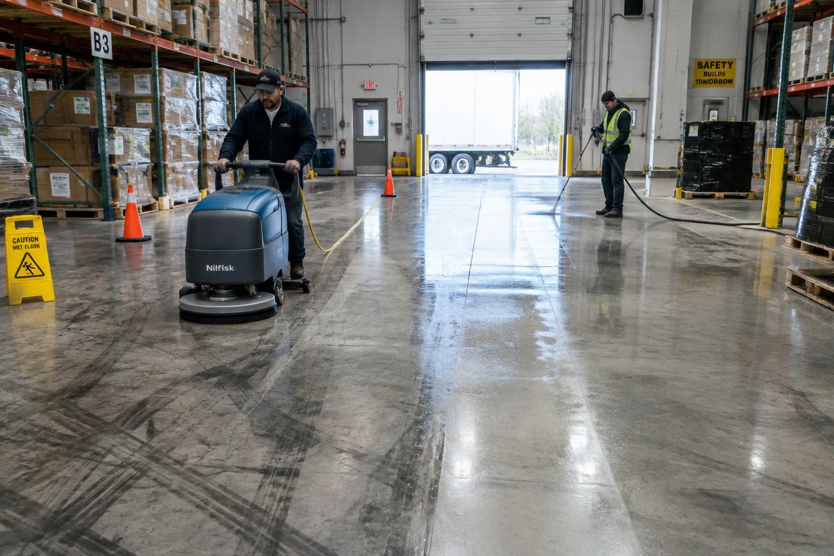 Cleaning forklift marks off a warehouse concrete floor